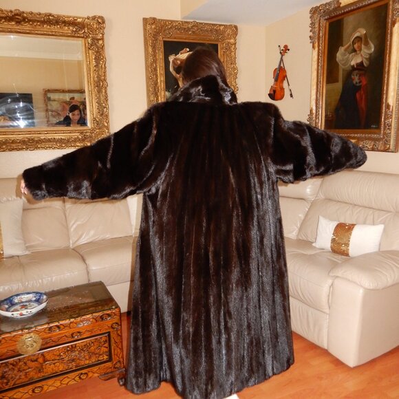 VTG.Barth Wind Genuine Dark Brown Shiny Mink Fur Coat Full Length L/XL - Picture 8 of 12